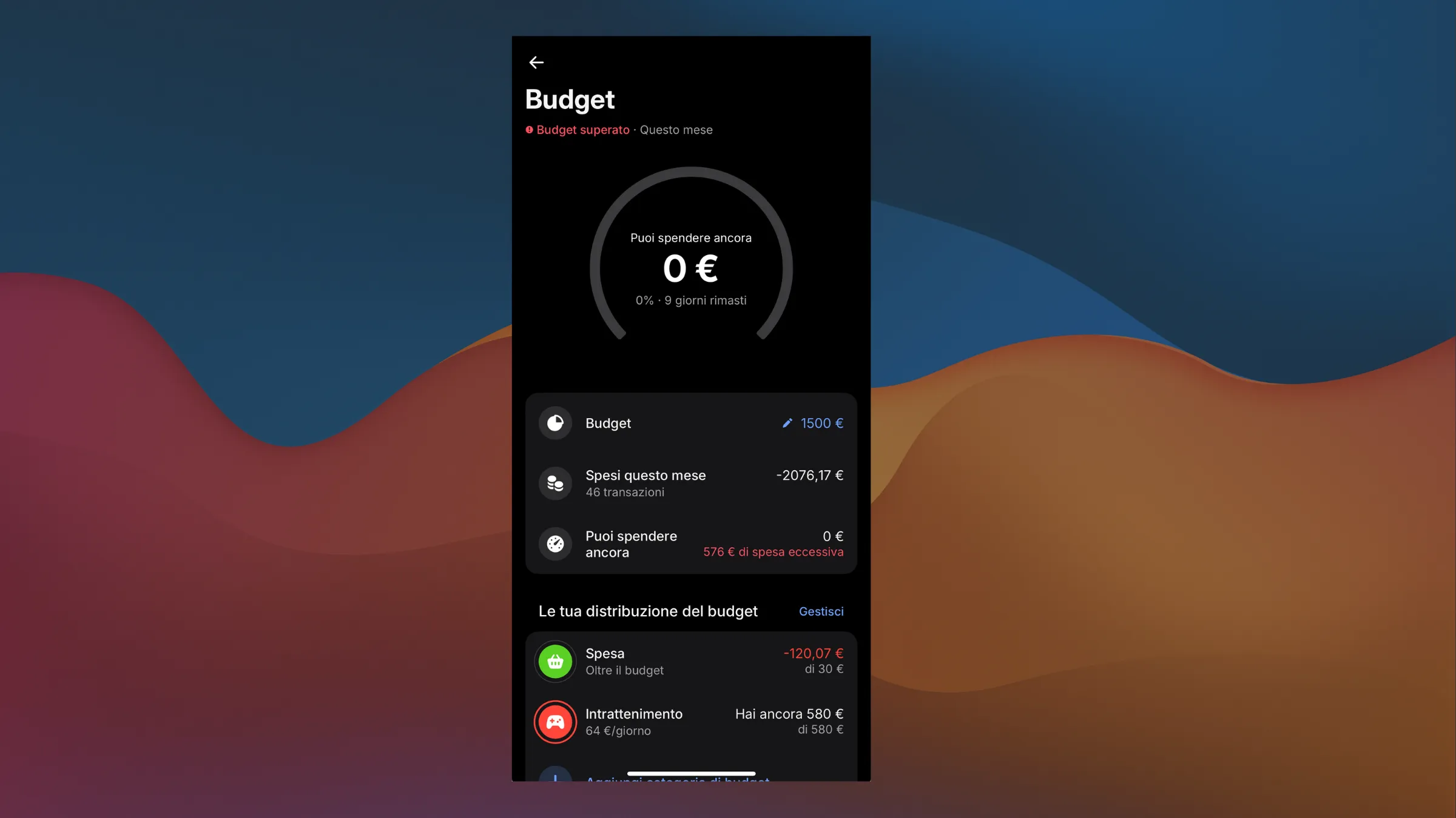 Interfaccia budget Revolut con categorie