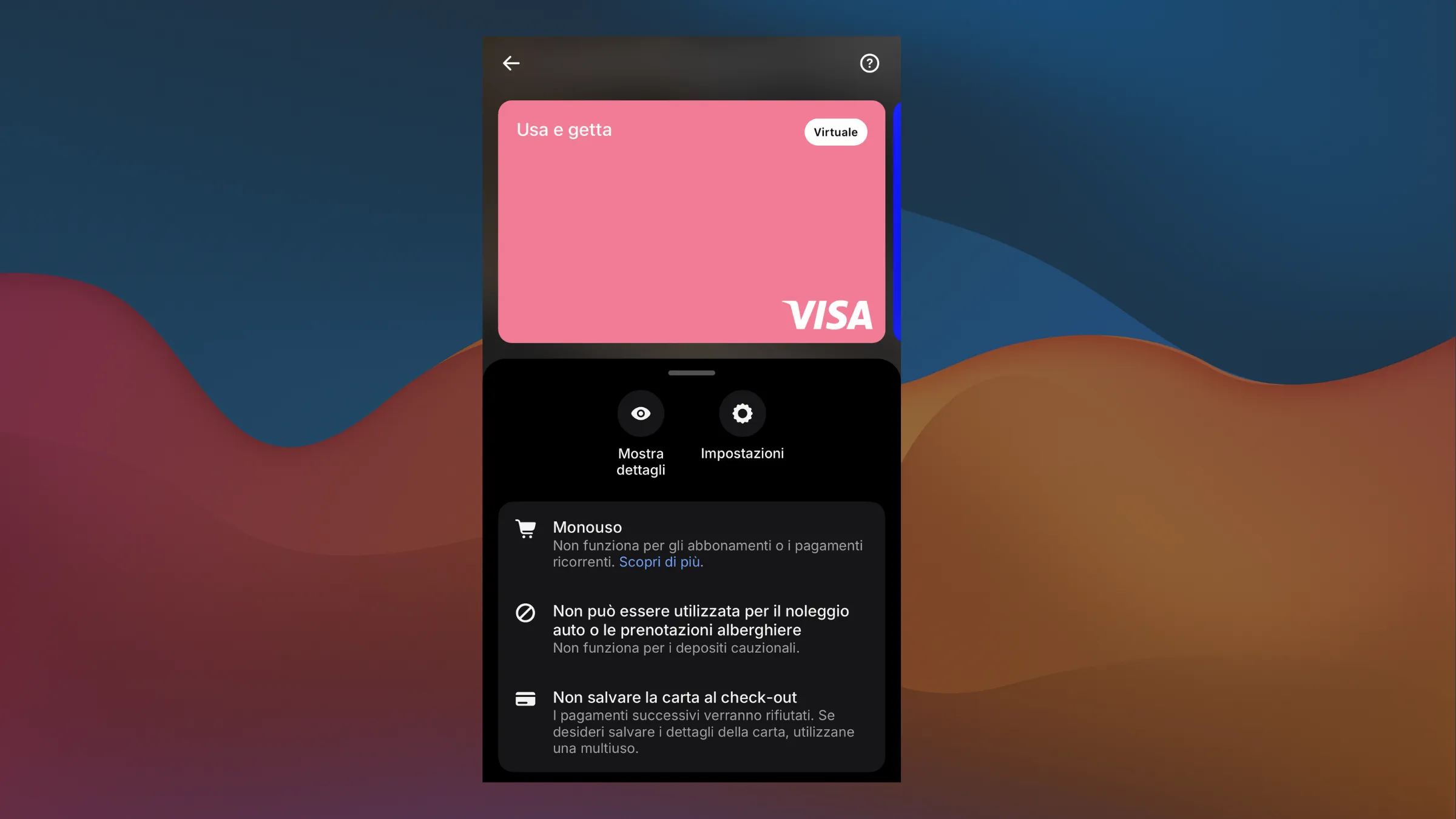 Carta monouso Revolut con icone sicurezza