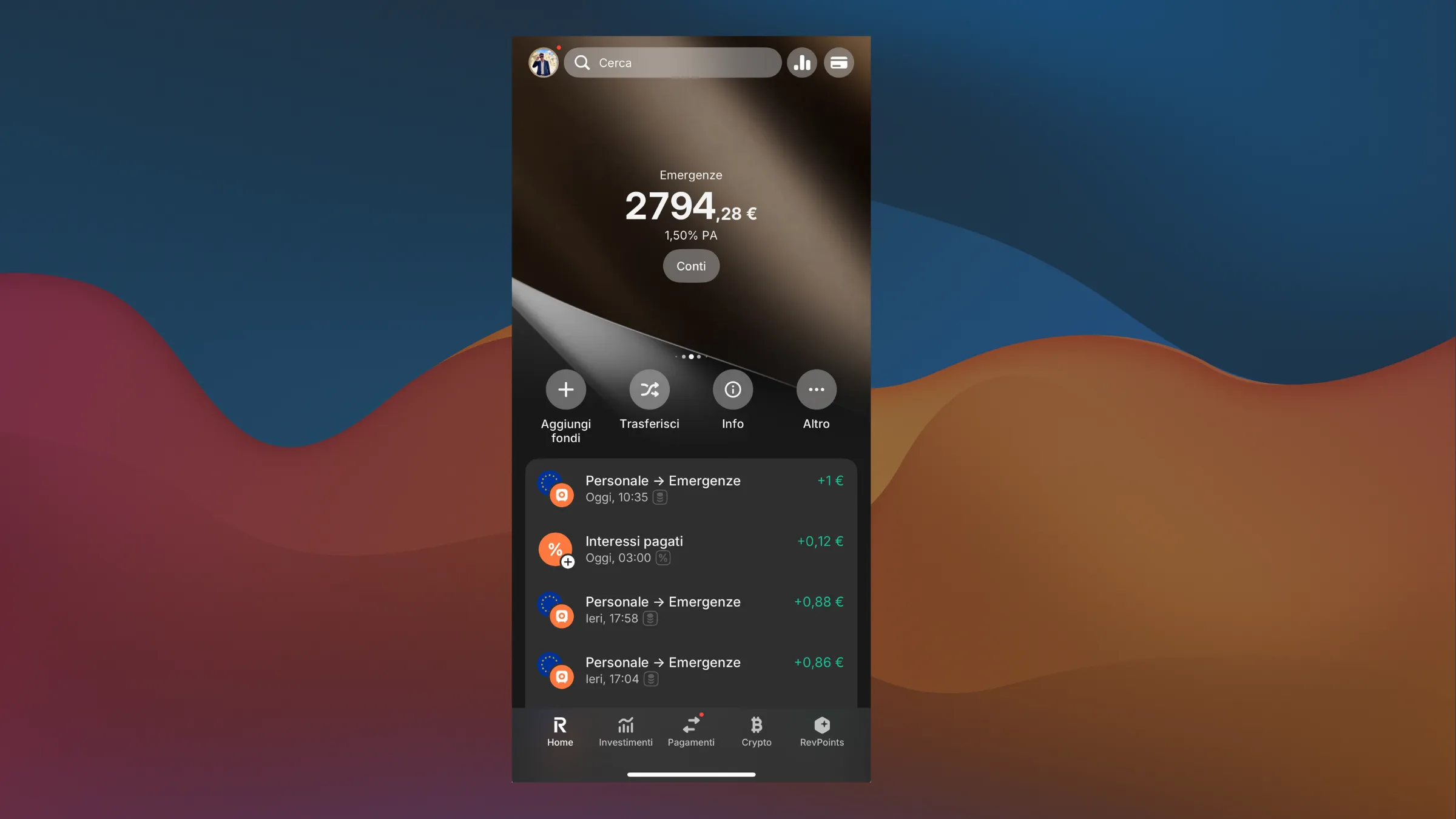 Schermata deposito remunerato con interessi