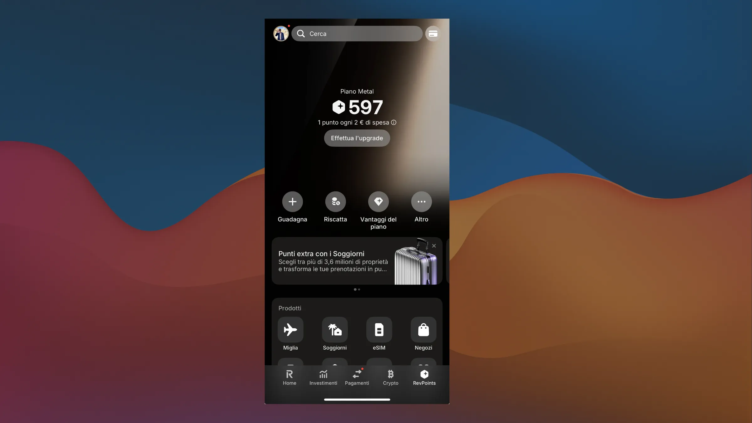 Schermata RevPoints con punti accumulati