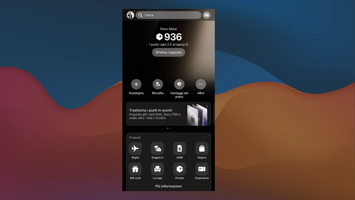 Interfaccia RevPoints con saldo punti e opzioni di conversione