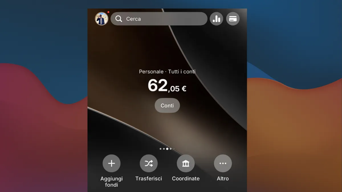Interfaccia principale dell'app Revolut con conto personale e funzioni principali