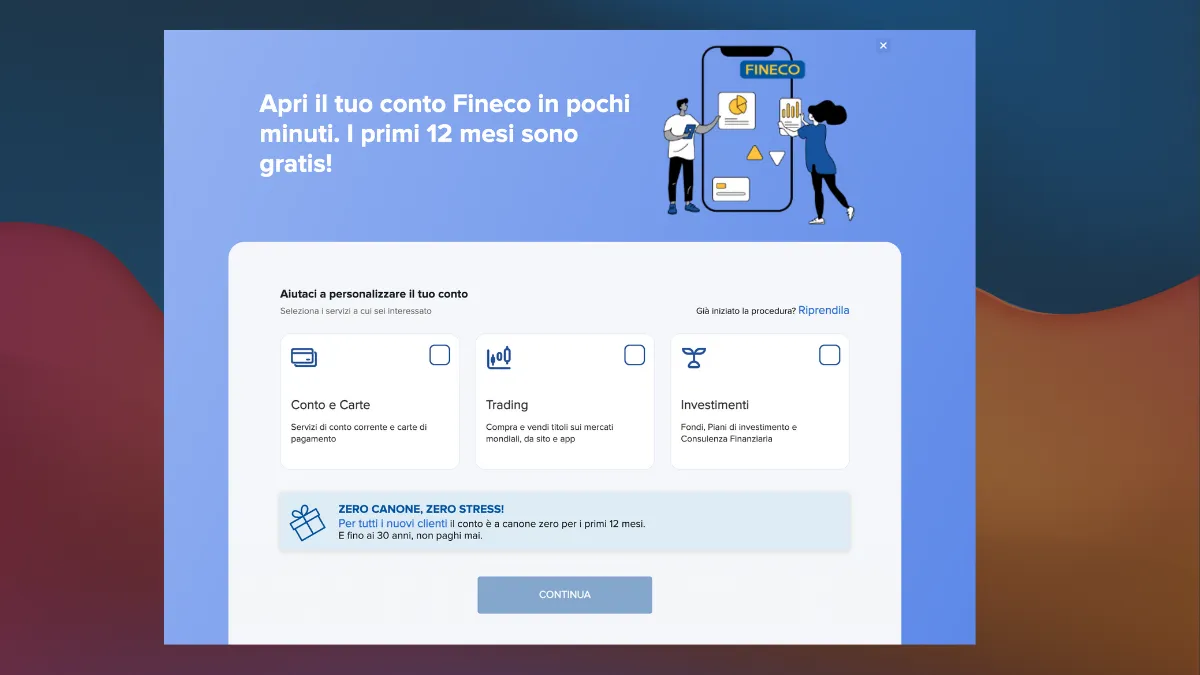 Dashboard principale Fineco con sezioni evidenziate per banking, trading e investimenti